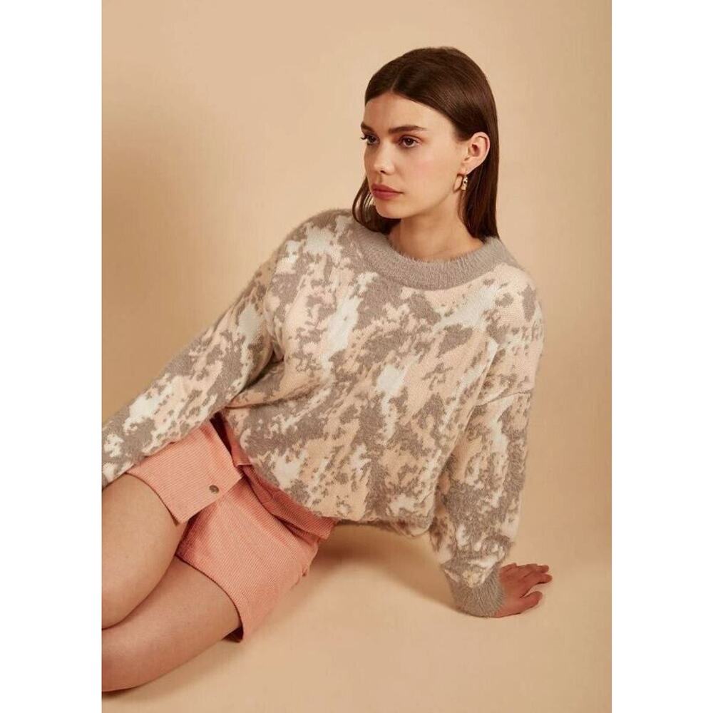 FRNCH Paris Women's Nadera Fuzzy Crew Knit Sweater in Pink/Grey/White MED/LG $98